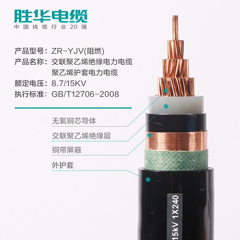 電纜廠家聯(lián)系方式ZR-YJV-8.7/15KV中壓阻燃交聯(lián)銅芯電力電纜