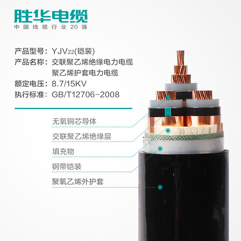 國標電纜YJV22-8.7/15KV中壓鎧裝鋼帶交聯(lián)絕緣純銅電力電纜