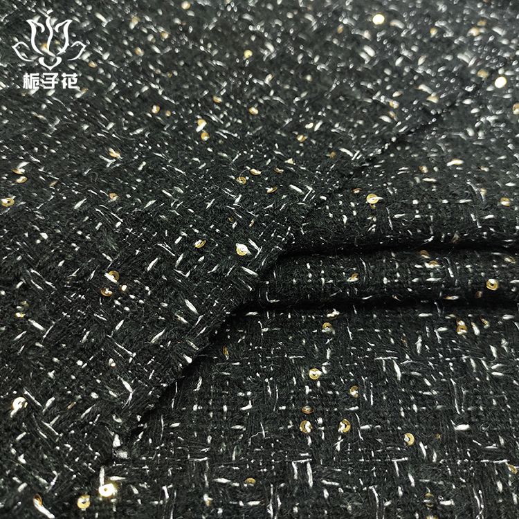 廠家供應(yīng)50%羊毛黑色亮片小香風(fēng)面料 秋季女裝新款面料原始圖片3