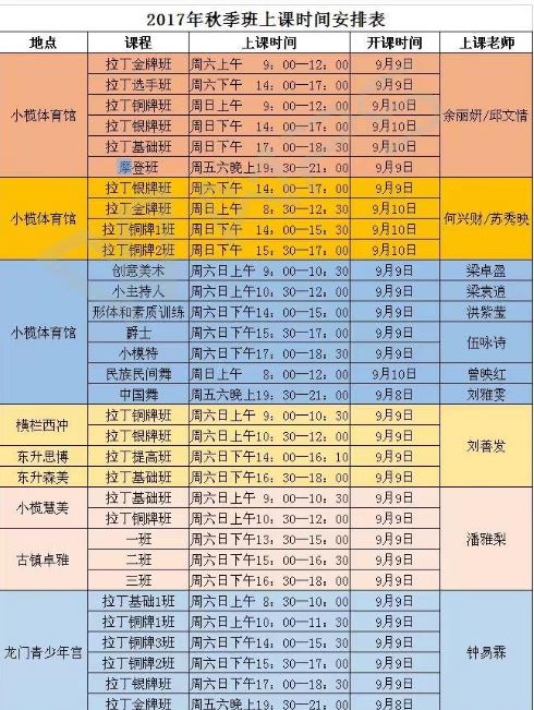 2017年秋季班課程表