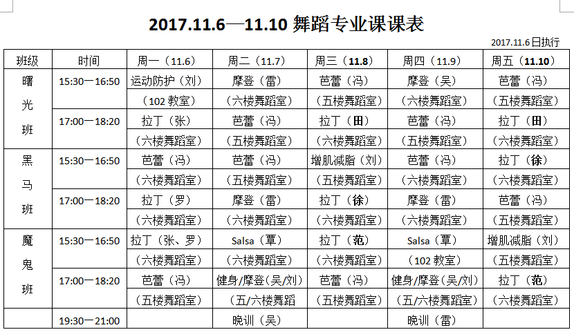 2017.11.6-11.10舞蹈专业课课表