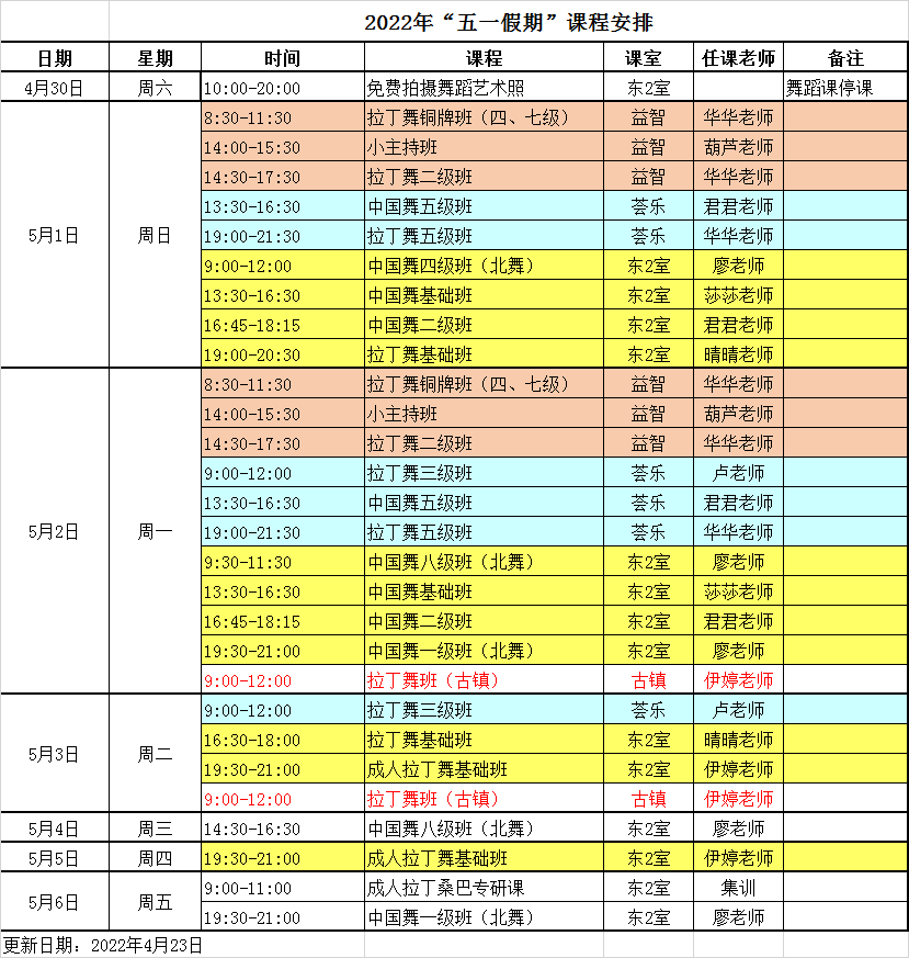 2022年“五一假期”课程安排