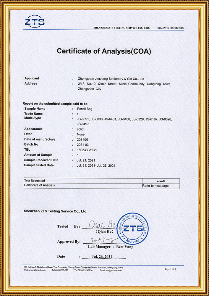 Certificate of Analysis(COA)